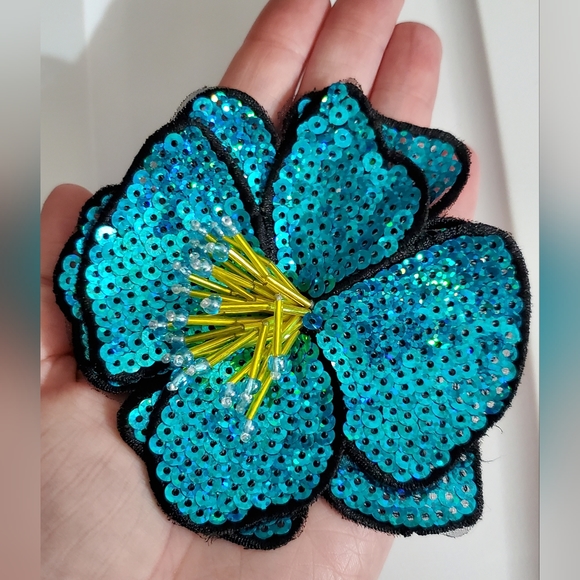 3D hibiscus beaded applique flower sew on iron on patch sequins tropical - Picture 4 of 13